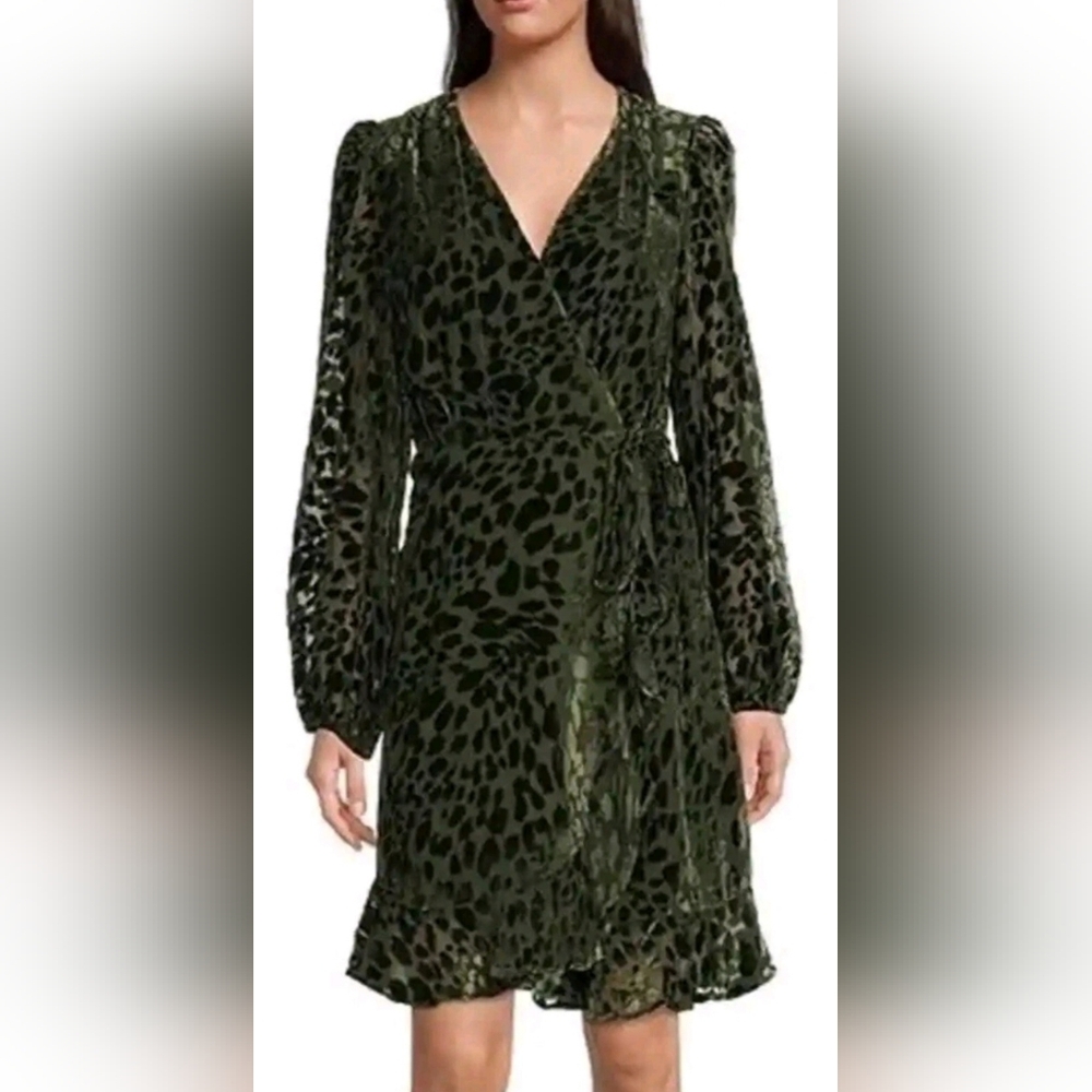 Alex Marie NWT Green Leopard Print Velour Wrap Dress